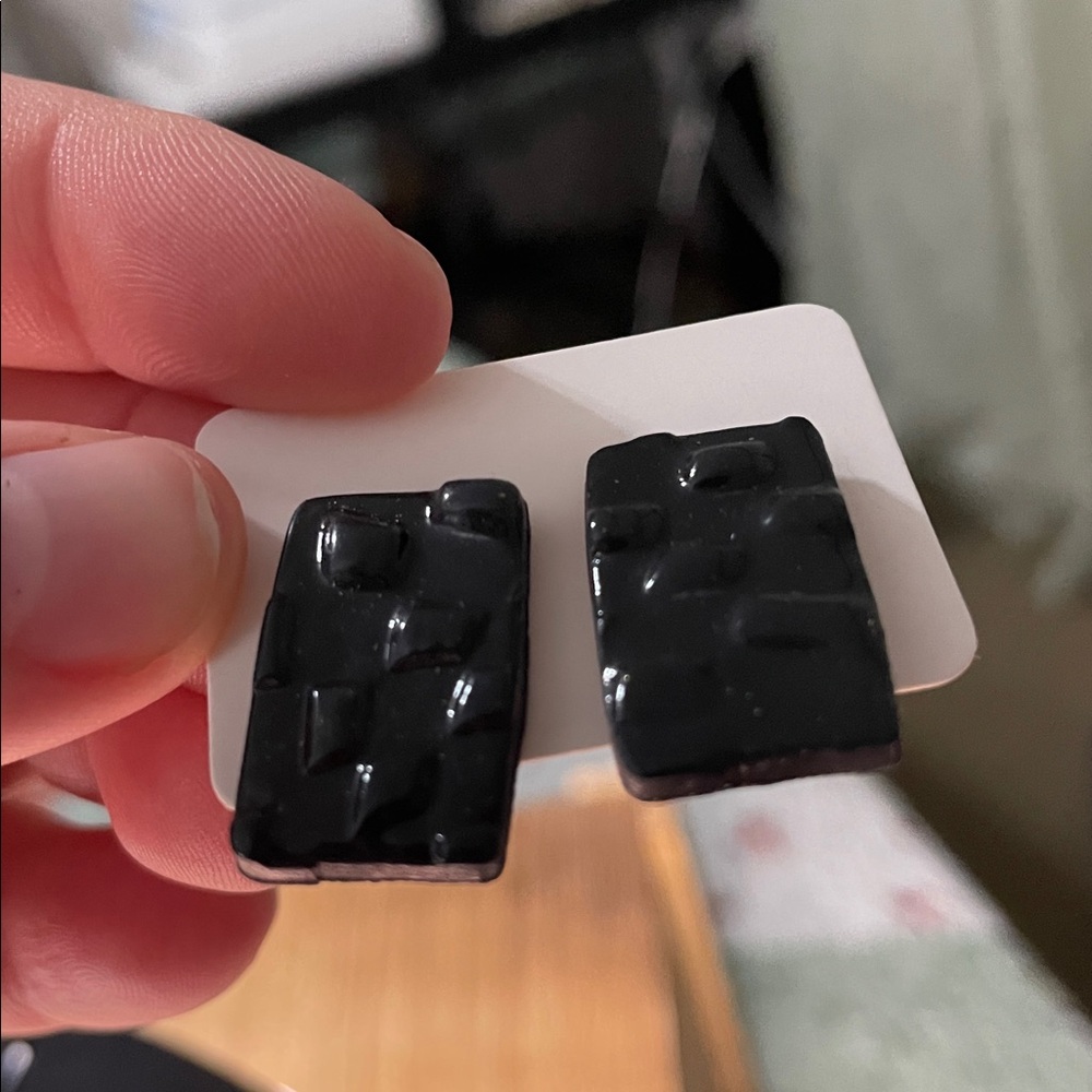 Black Patterned Rectangular Earrings - Picture 2 of 2